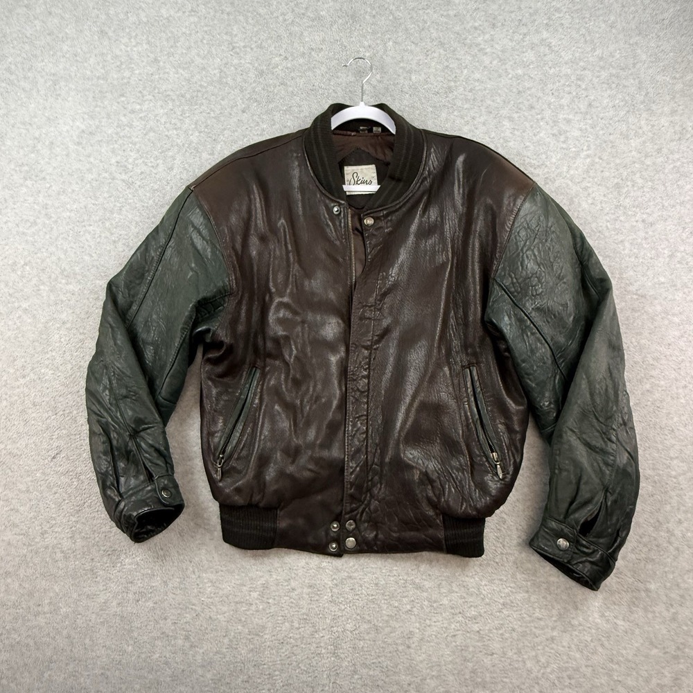 Vintage 80s 90s Adult M Two Tone Green Brown Varsity Leather Bomber Jacket Skins